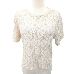 C + J Collection Cream Lace Top Sheer‎ Corset Back Short Sleeve Women's L